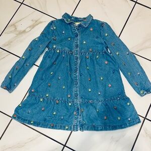 Girls denim embroidered floral button down dress